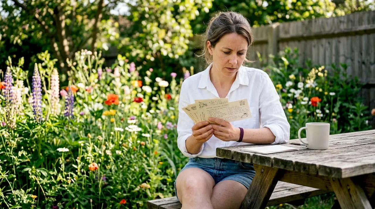 Home cook reviewing printed recipe cards