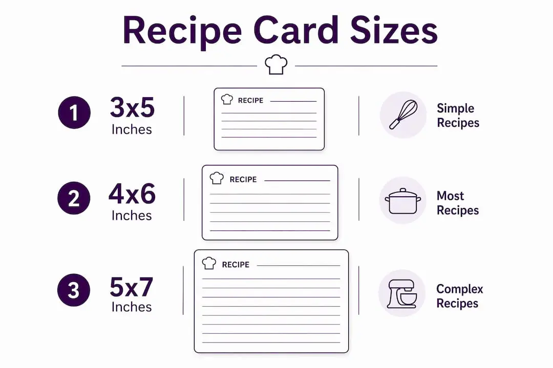 Infographic showing standard recipe card sizes and uses