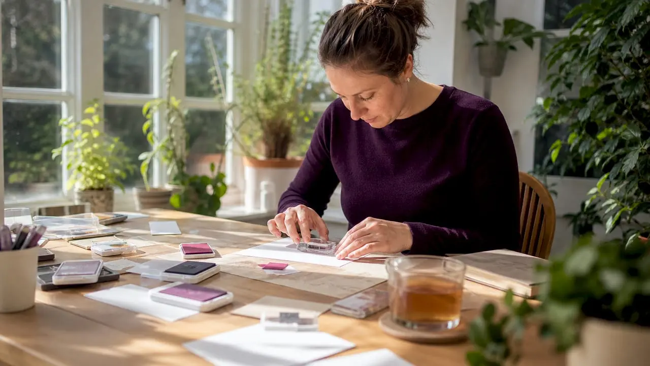Woman stamping a card at home crafting table