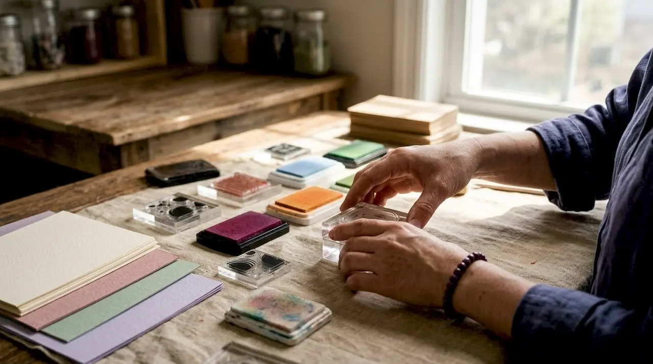 Close-up of hands and stamping supplies