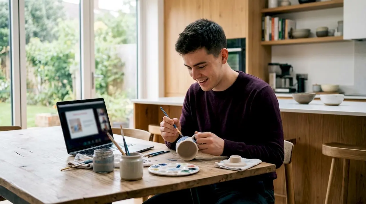 Man in virtual craft workshop at desk