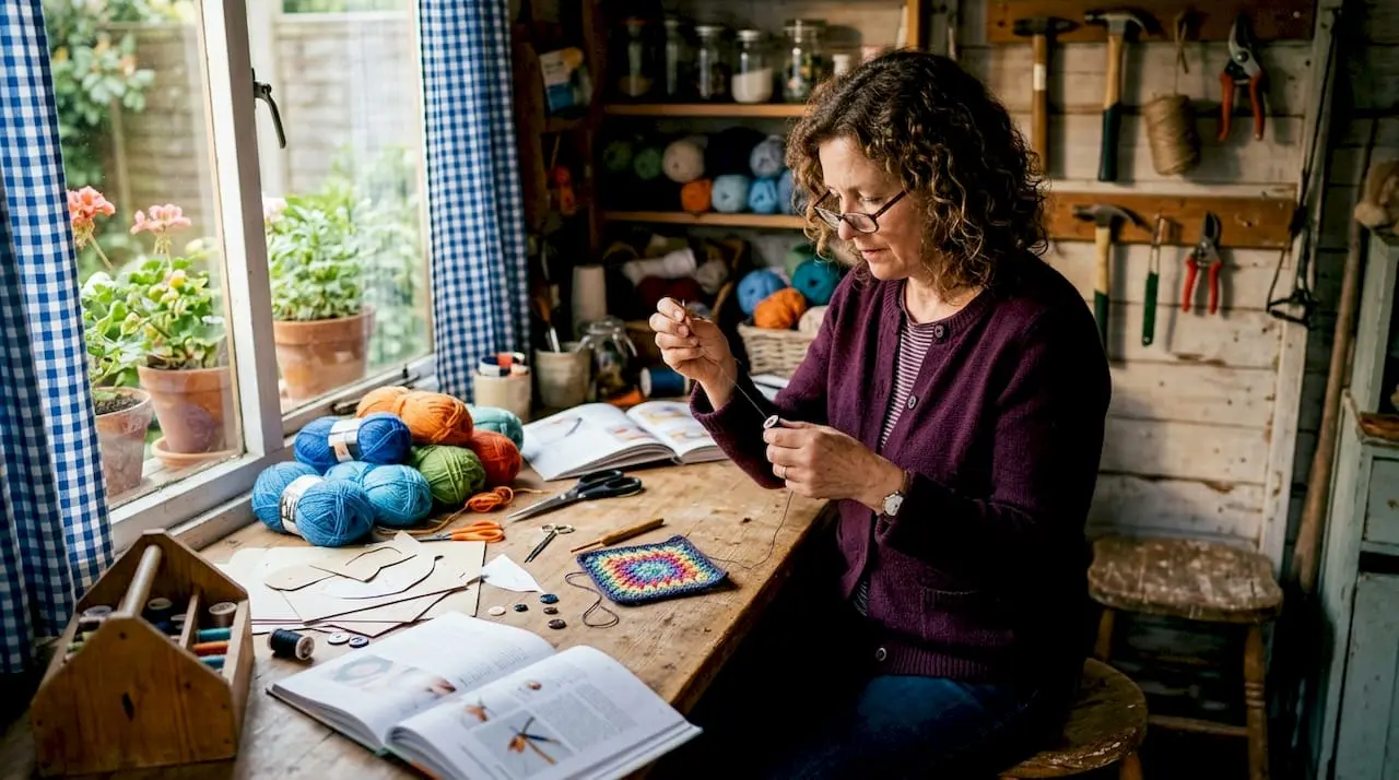 Woman threading needle at home craft table
