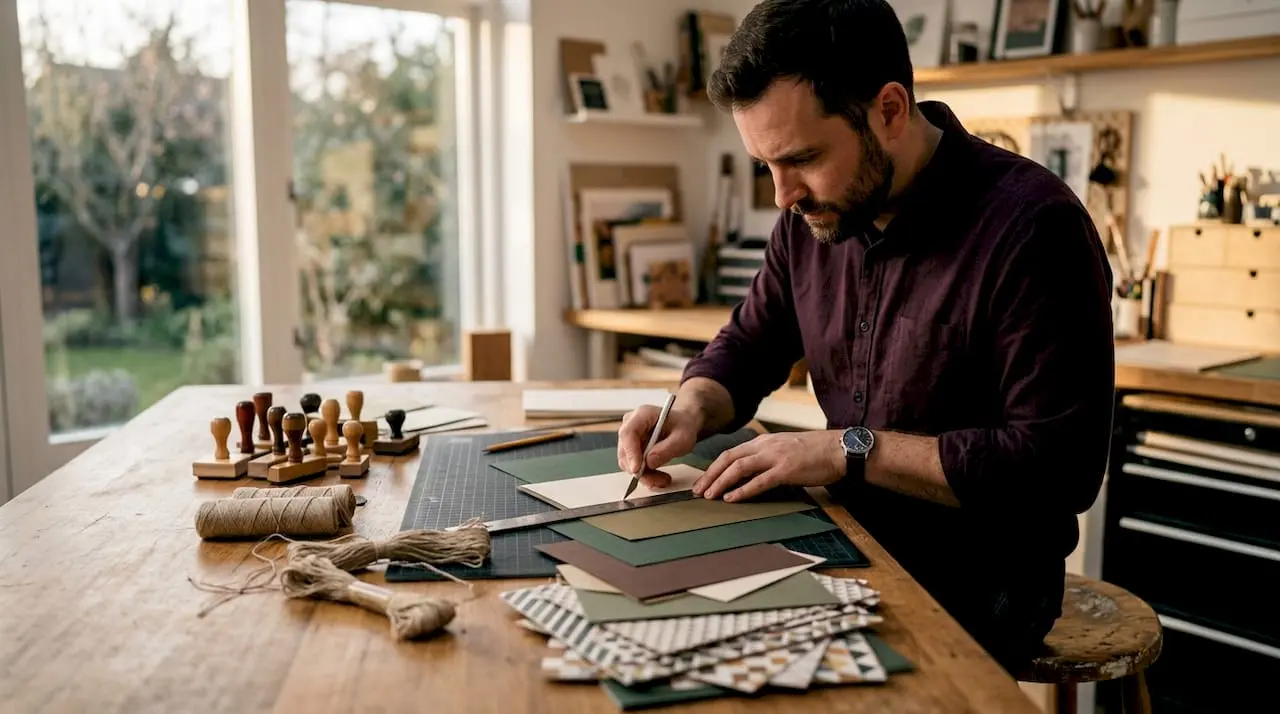 Hands crafting masculine style card with materials