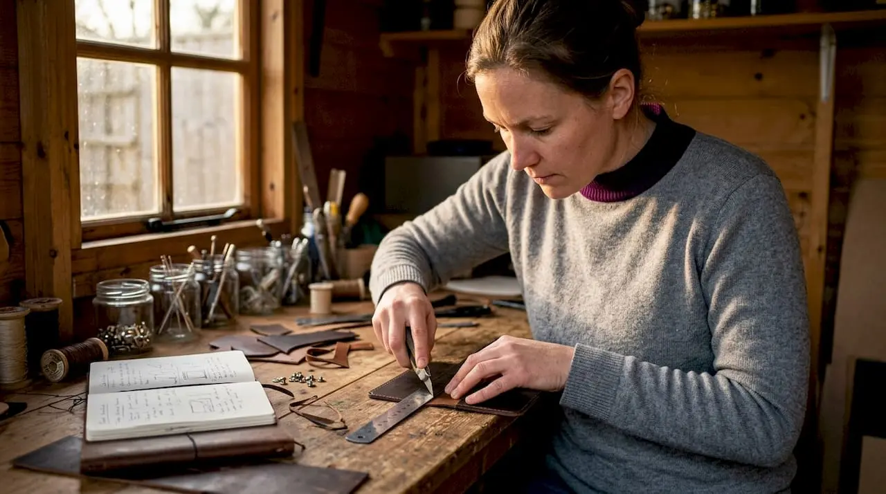 Woman crafting leather wallet prototype on table