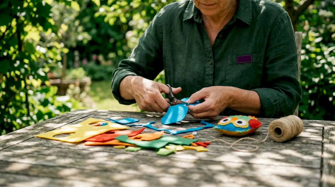 Adult hands threading beads for craft project