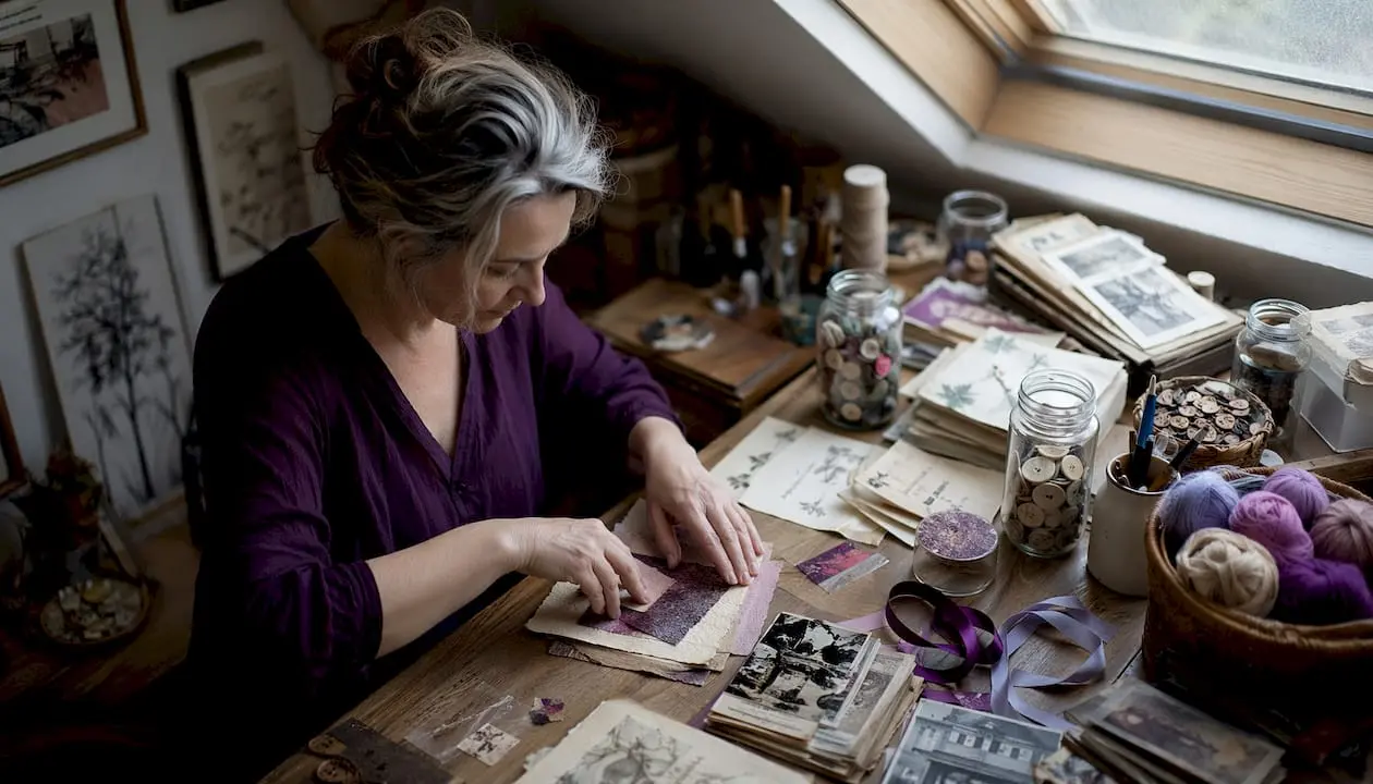 Woman folding and layering paper in craft room