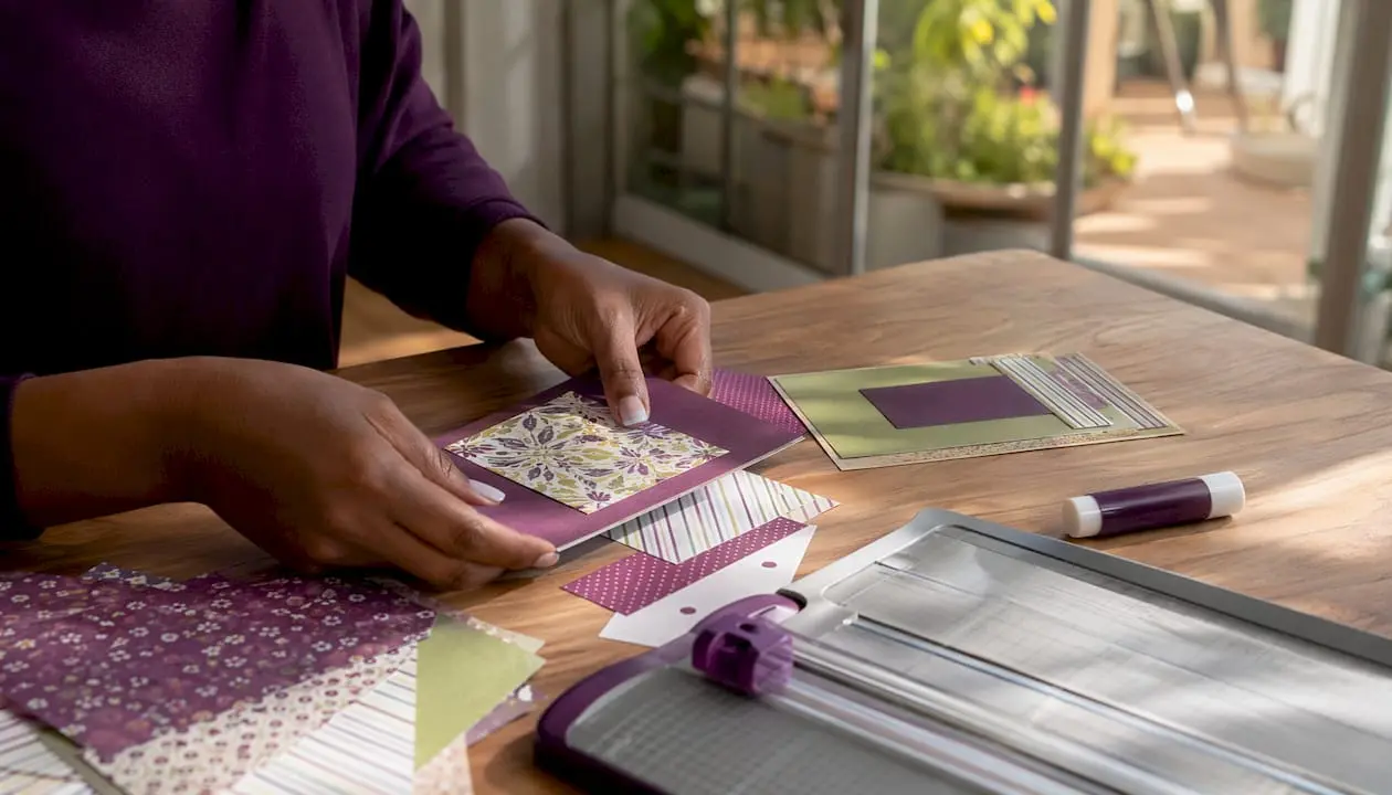 Hands layering patterned paper for card front