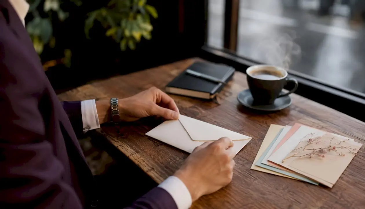 Professional hands placing sealed envelope on desk