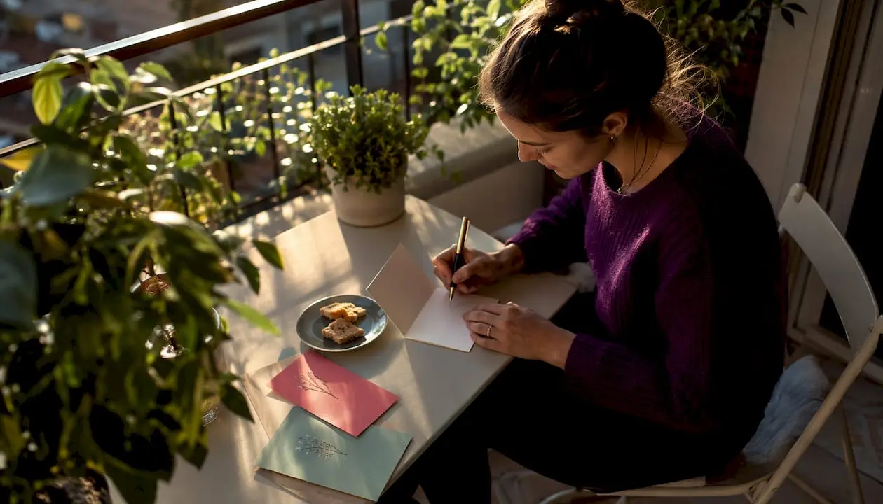Woman writing heartfelt message in greeting card