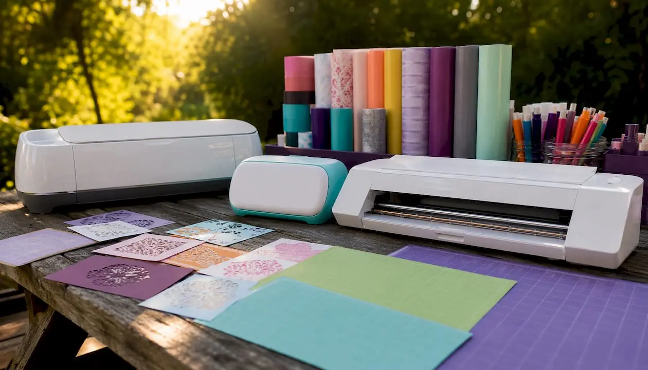 Three popular digital cutting machines on craft table