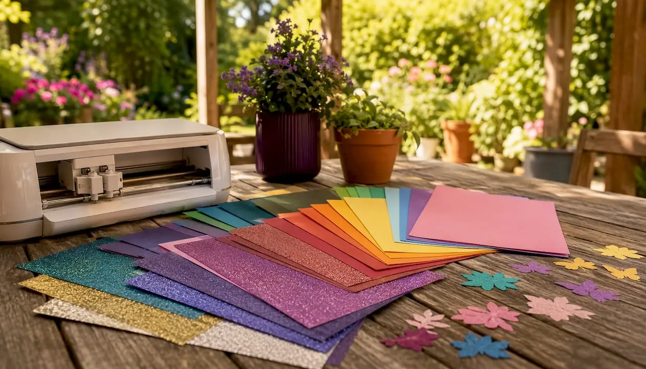 Assorted cardstock and digital cutting tools overhead view