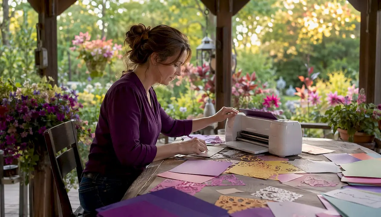 Card maker using digital cutting machine in studio