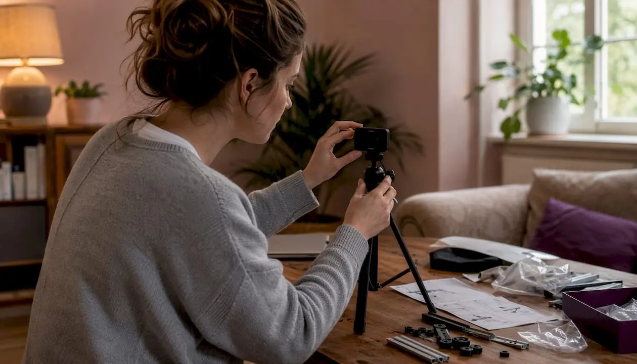 Woman setting up craft assembly video recording