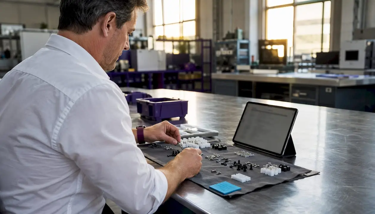 Hands verifying parts with assembly checklist