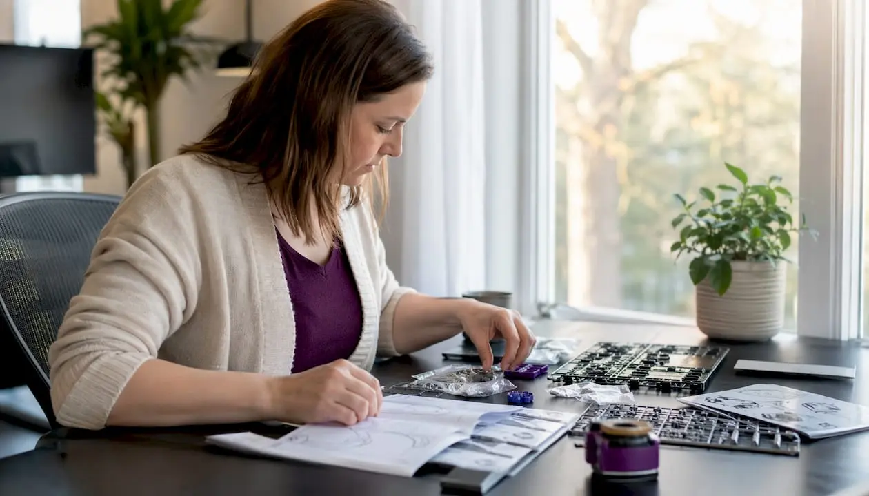 Focused woman reviewing assembly kit components