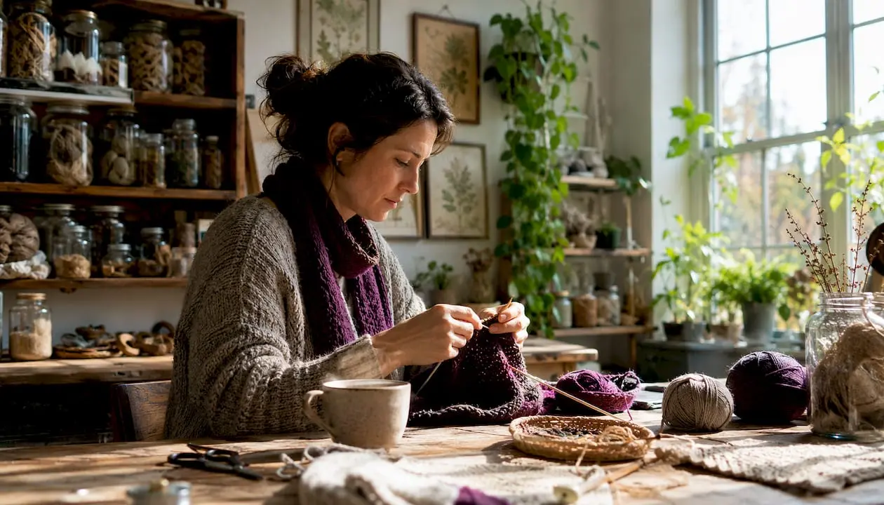 Woman knitting with natural materials at home