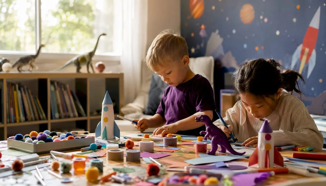 Children's hands crafting space and dinosaur projects