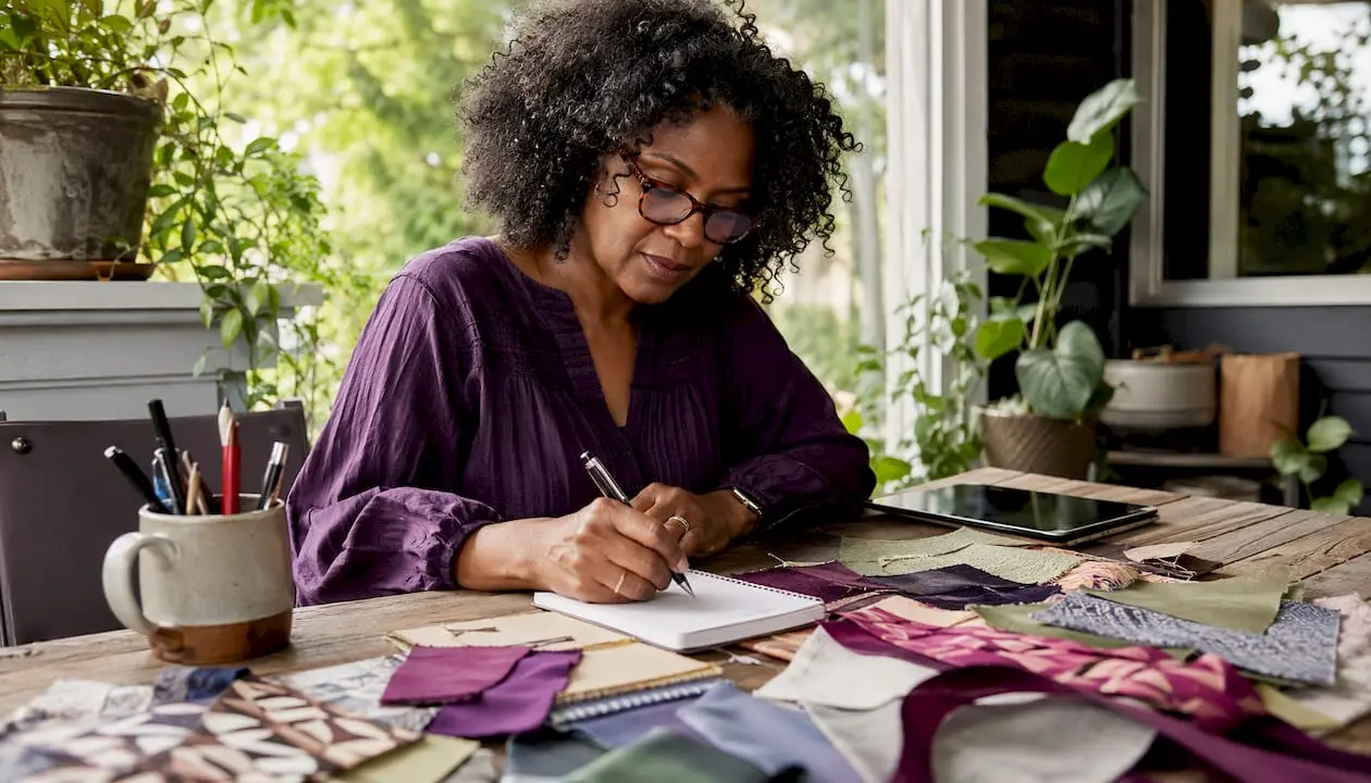 Woman writing craft sourcing brief at home