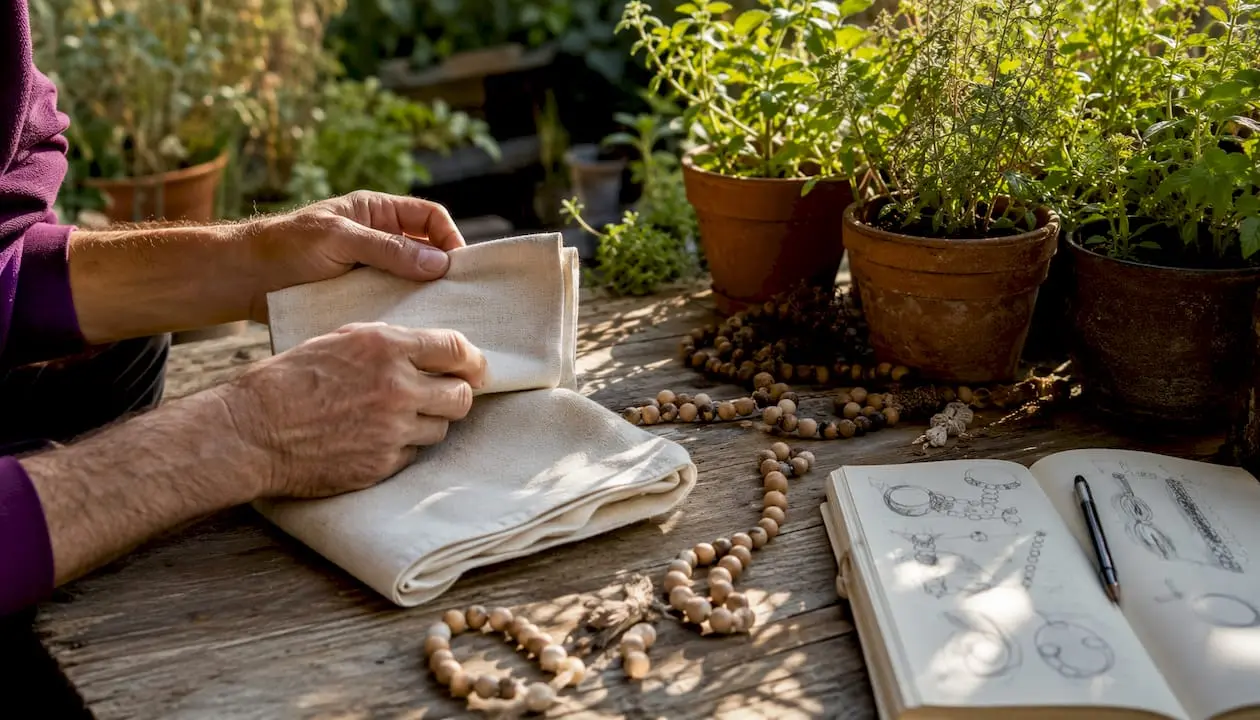 Hands examining craft supply samples closely
