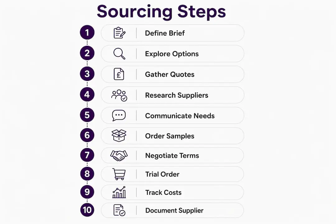 Infographic outlining 10 steps to sourcing craft supplies