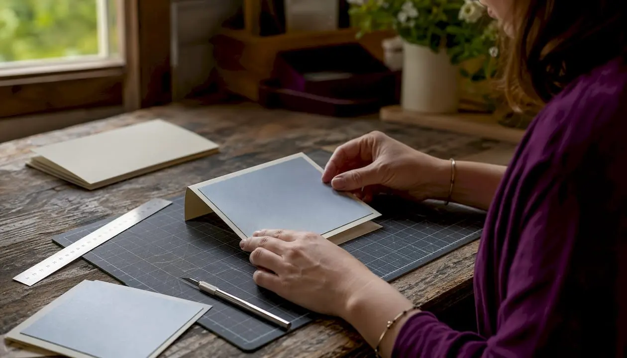 Hands layering cardstock mats precisely