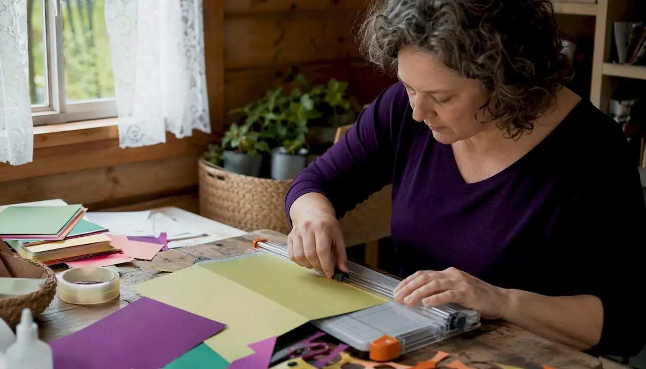 Woman cutting cardstock for card base