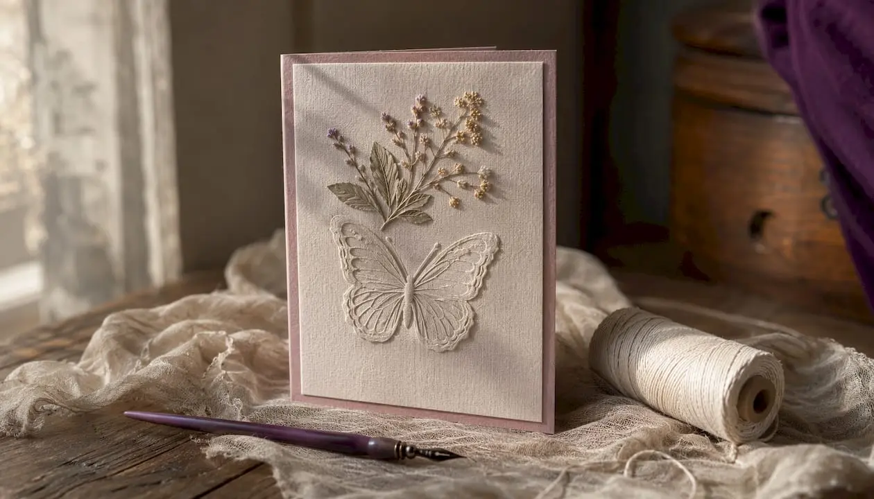 Close-up of embossed sympathy card with butterfly and flowers