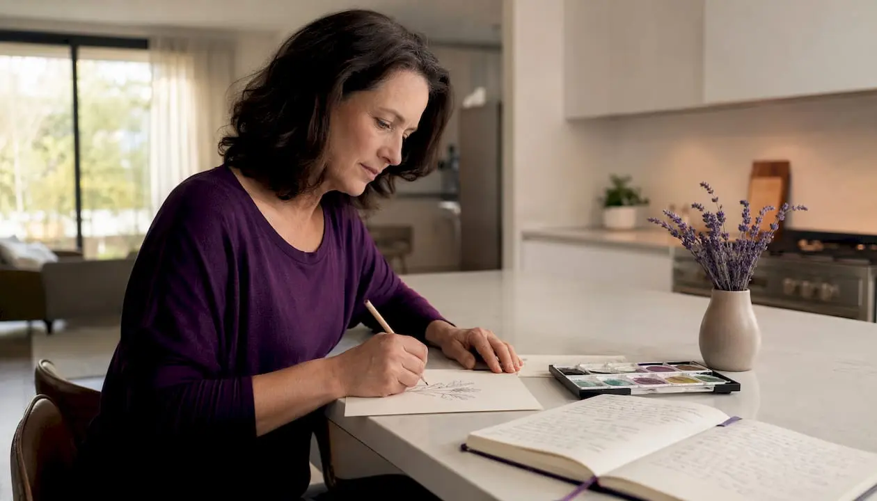 Woman sketching sympathy card design at home table
