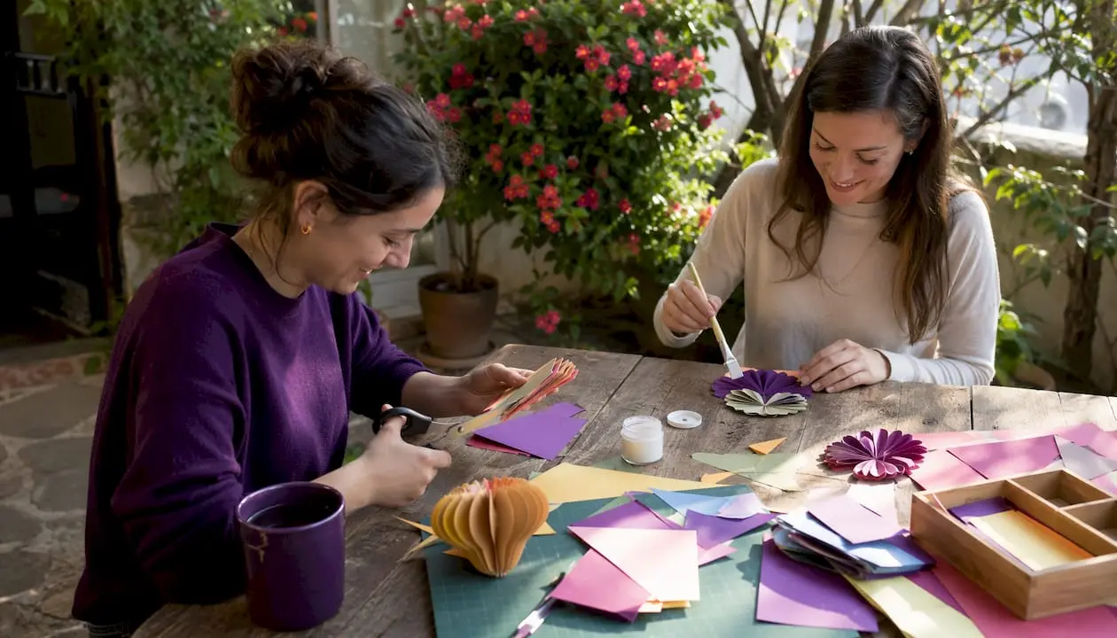 Friends crafting layered paper ornament outdoors