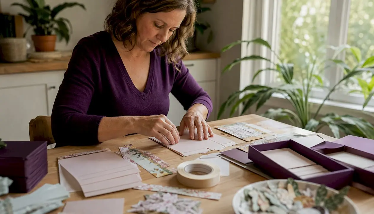 Person assembling card making gift set at home table