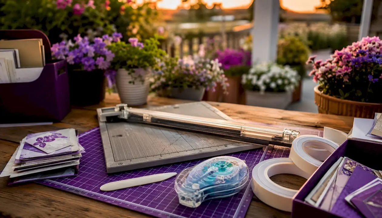 Close-up of card making tools arranged on craft table