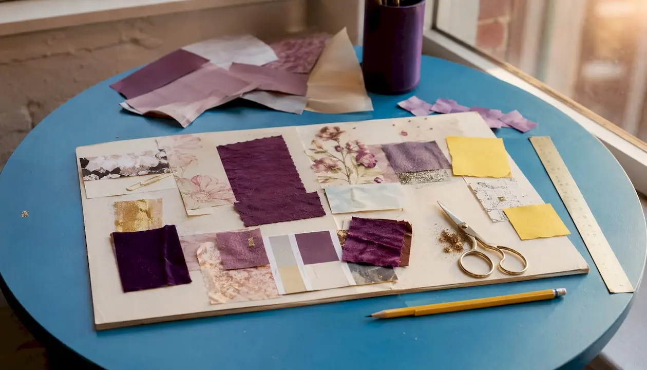 Close-up of card making mood board elements on table