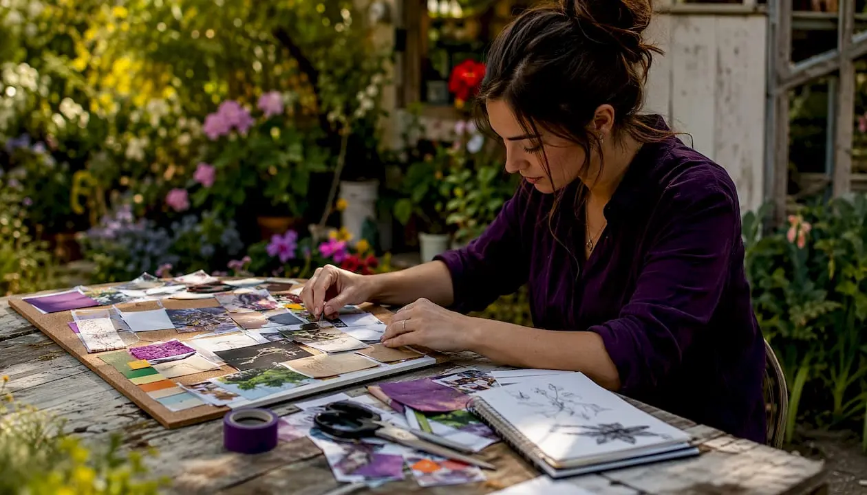 Woman creating card making mood board at home table