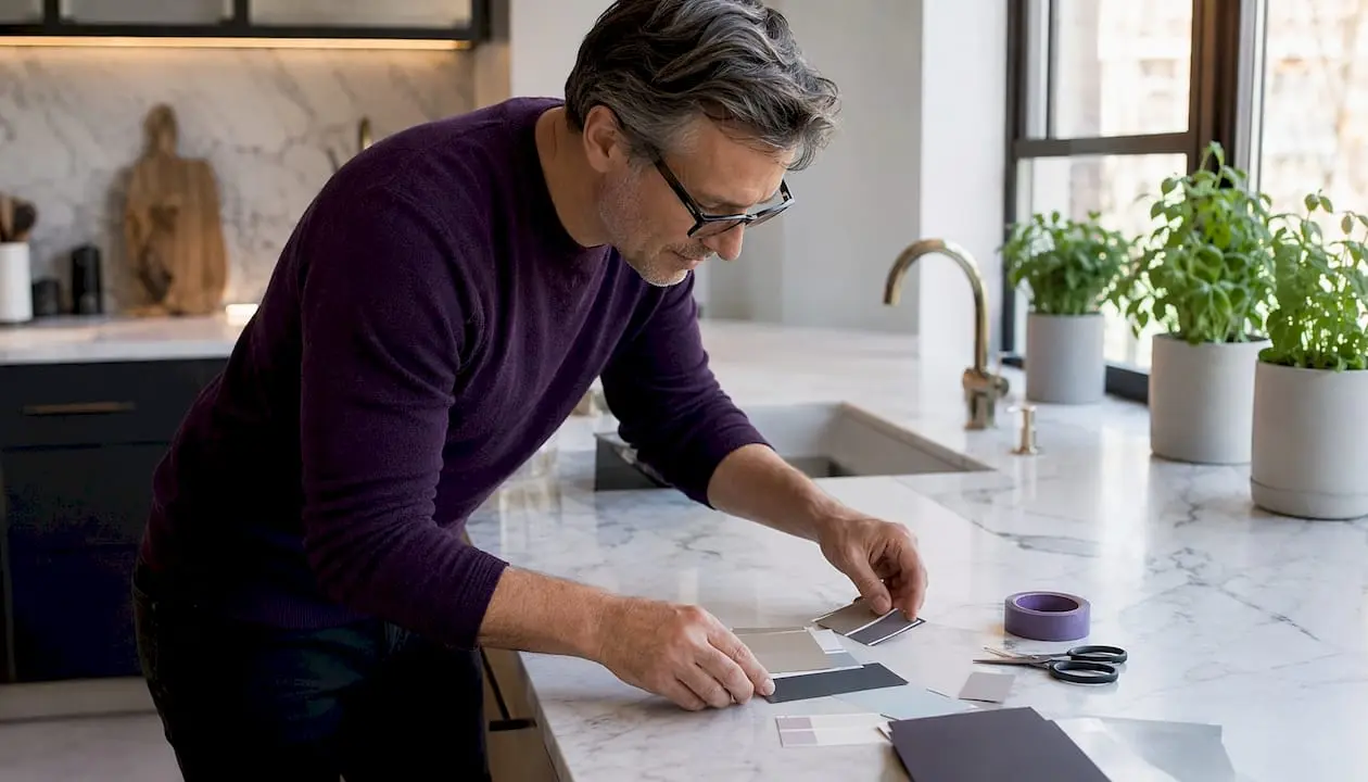 Man selecting color palette in craft workshop