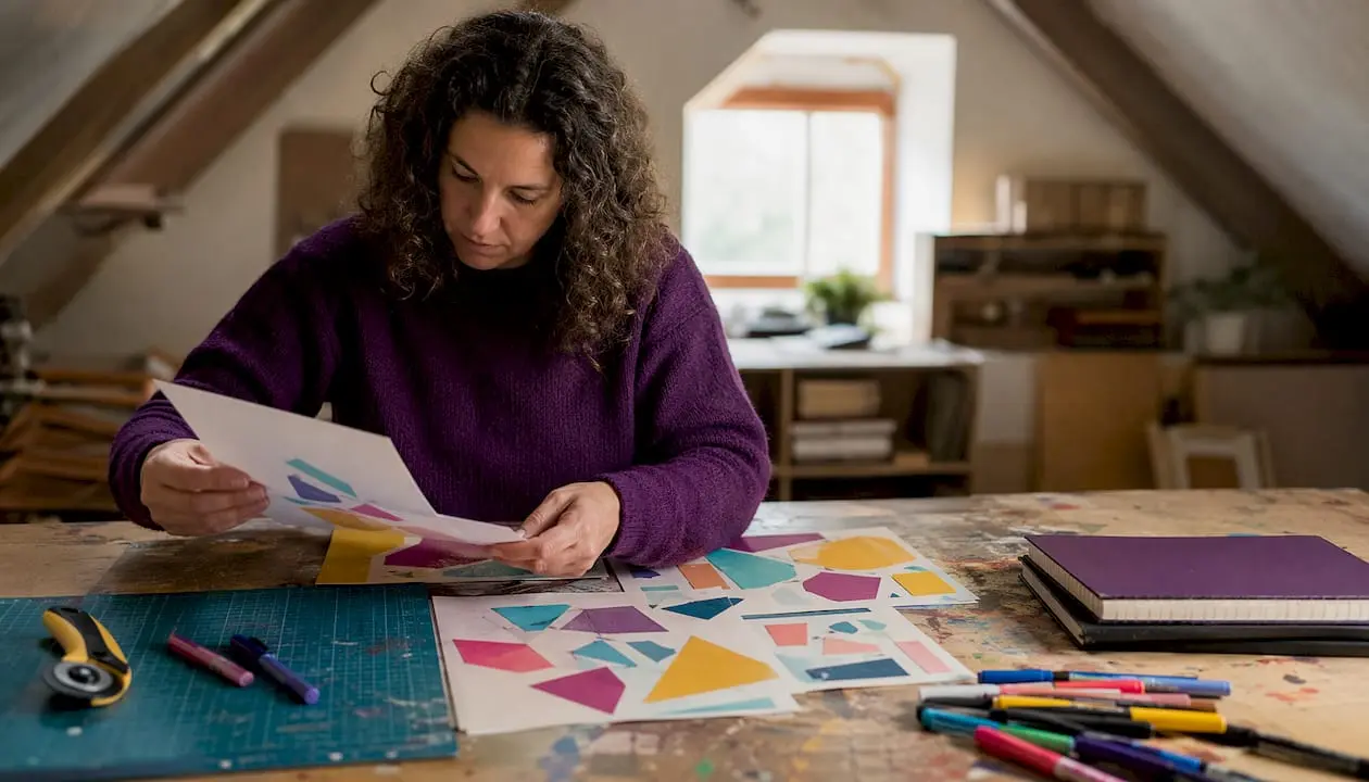 Woman sorting printable craft designs at home studio