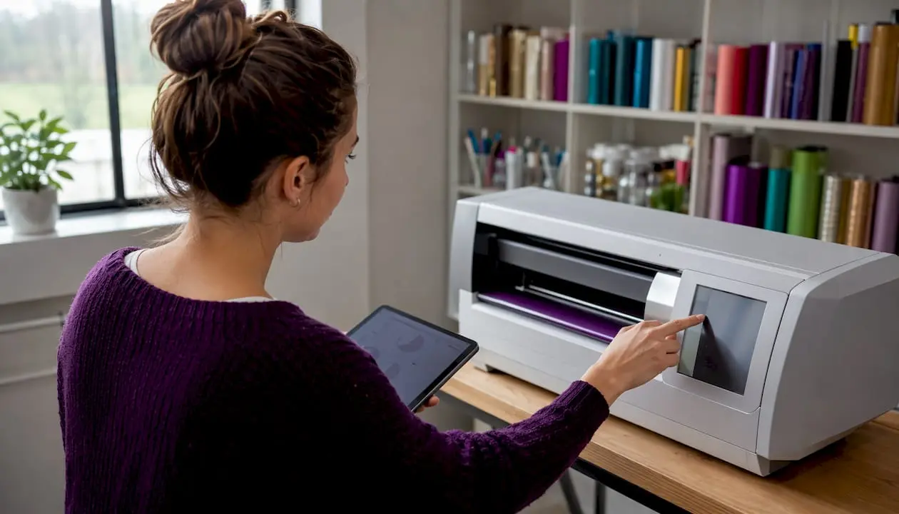 Close-up of hands using cutting machine with SVG files