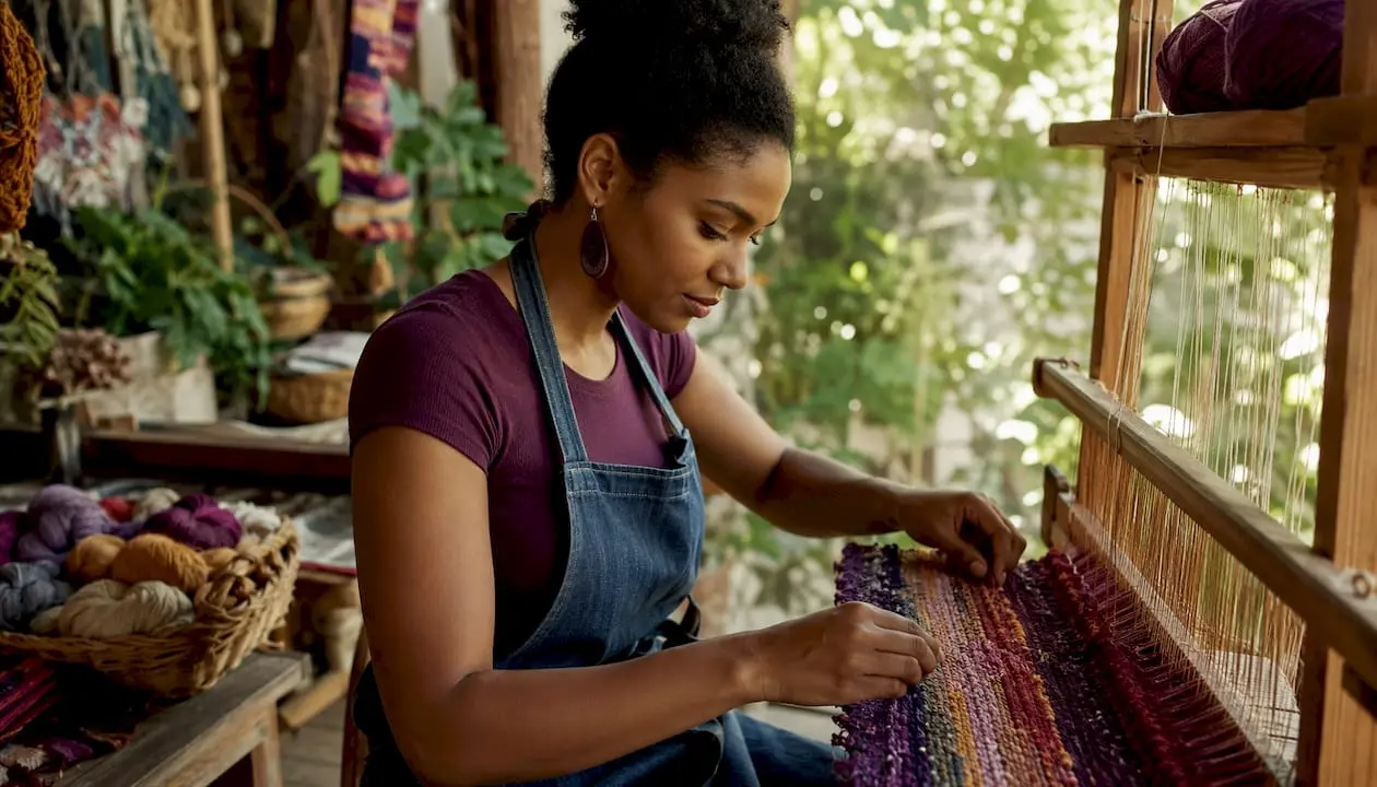 Artist weaving textiles in craft studio