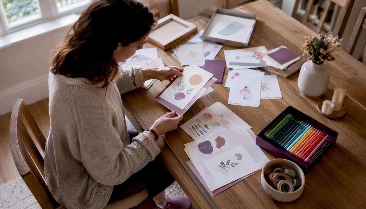 Woman sorting printed craft kit downloads