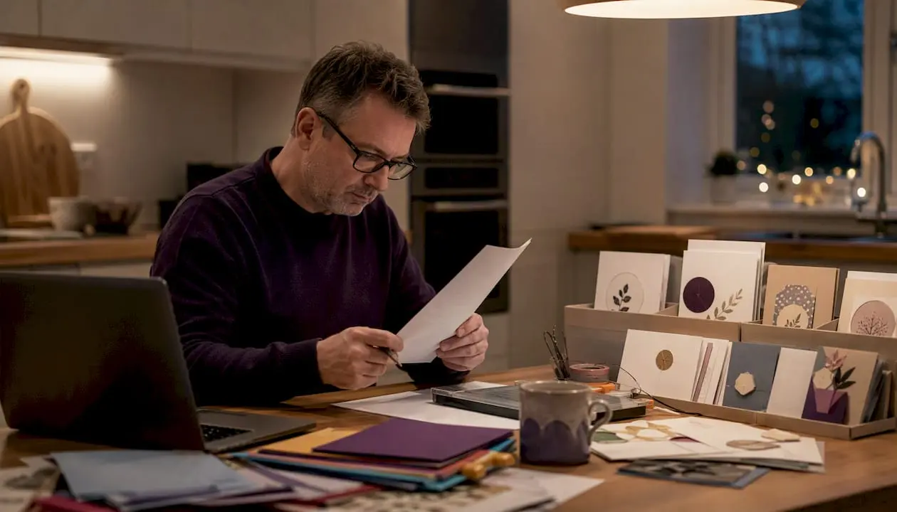 UK craft seller reviewing printed sales reports