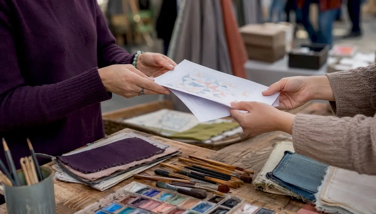 Hands exchanging craft patterns and receipt at market
