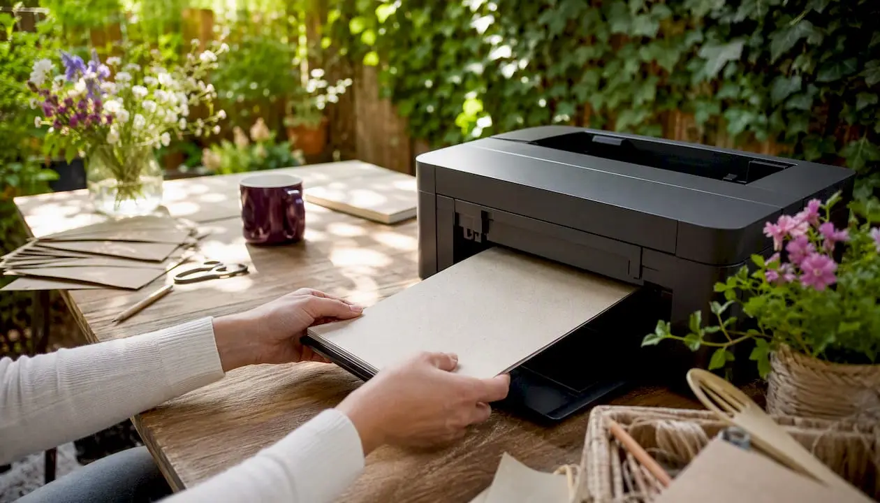 Hands feeding eco-friendly recycled card into printer
