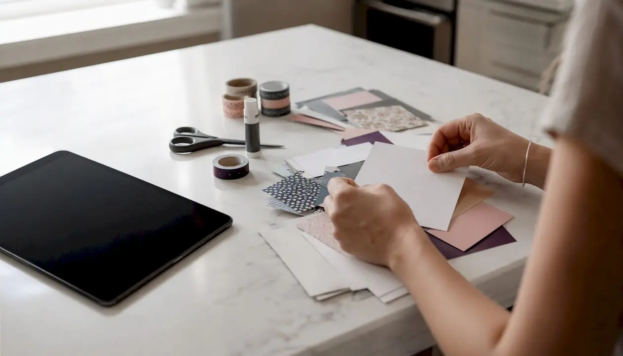 Hands using tablet over craft supplies