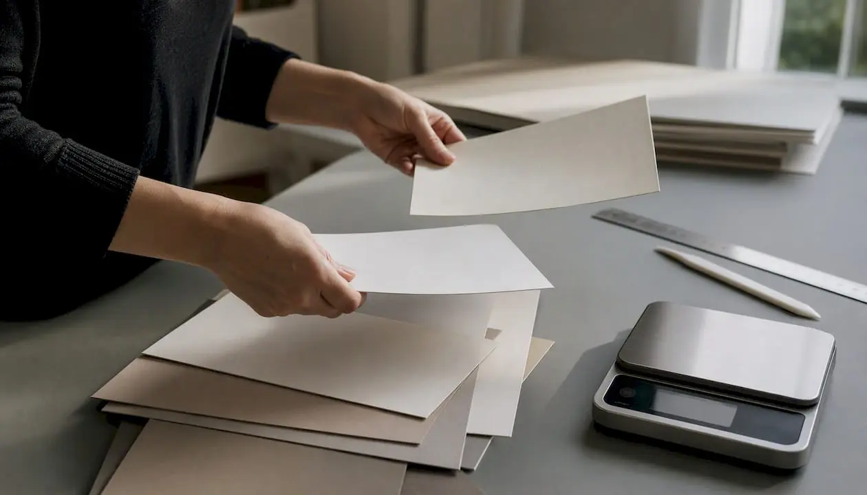 Hands holding various weights of cardstock sheets