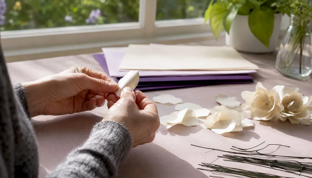 Hands curling light cardstock into paper flowers