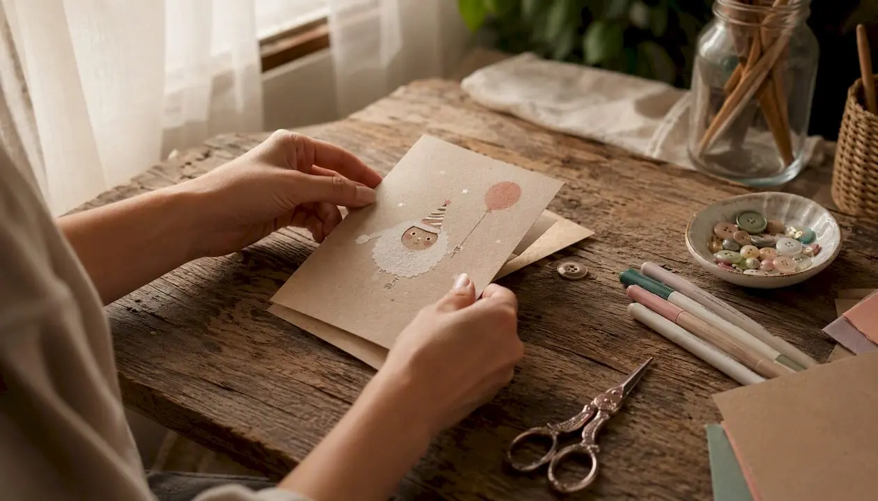Hands folding handwritten birthday card with poem