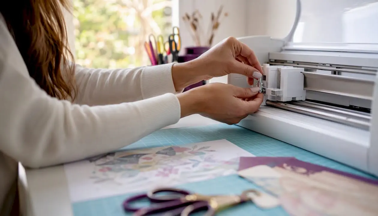 Hands adjusting Silhouette cutter blade on craft desk