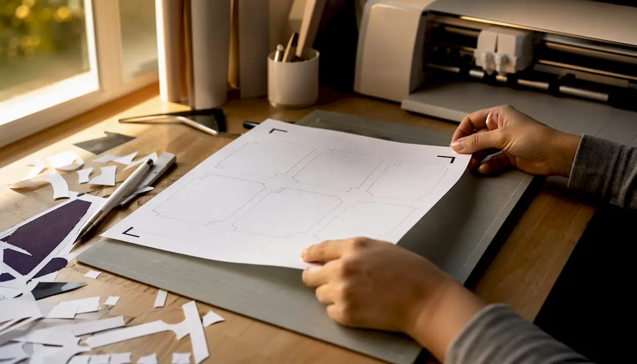 Hands aligning printed sheet on Silhouette cutting mat