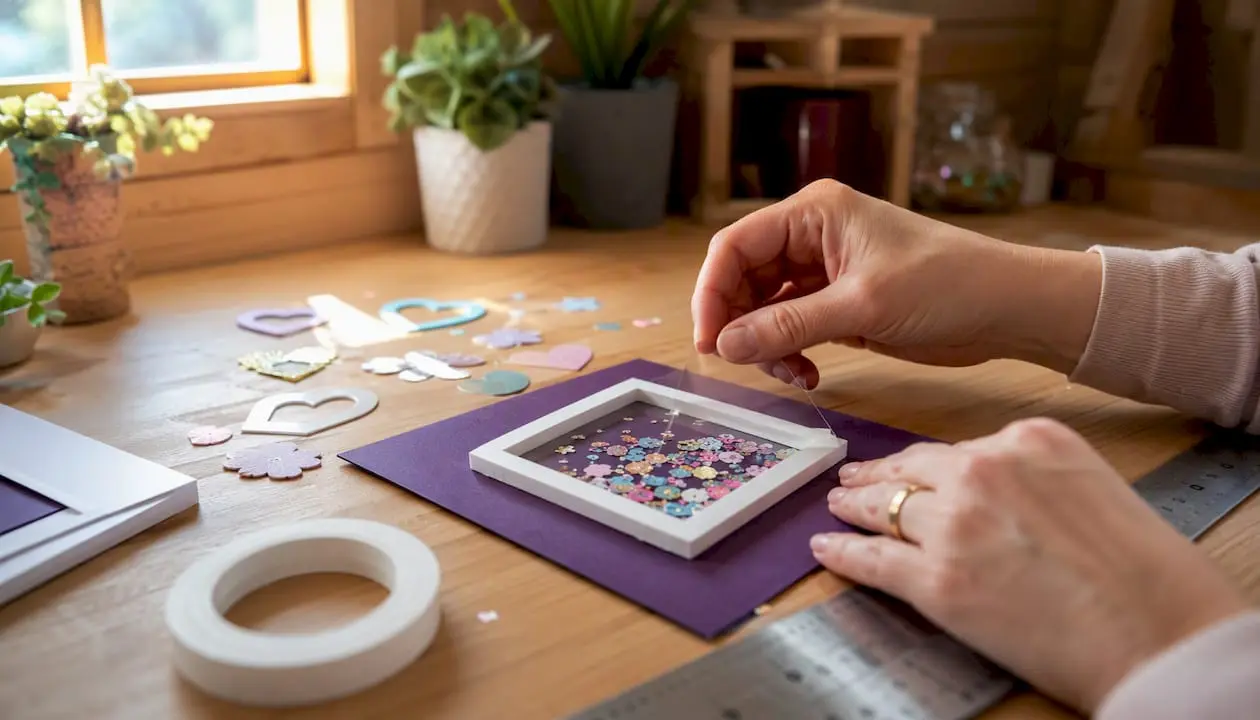 Hands assembling a shaker card with sequins