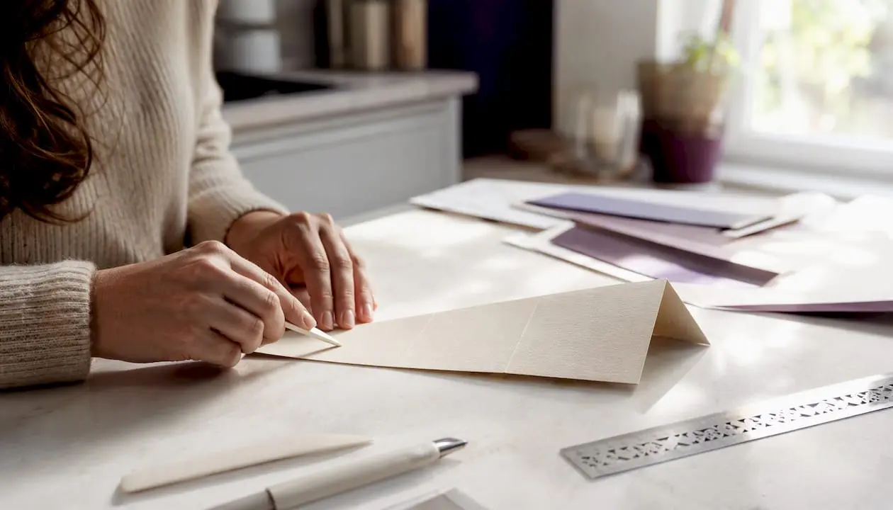 Hands folding a tent-fold stepper card