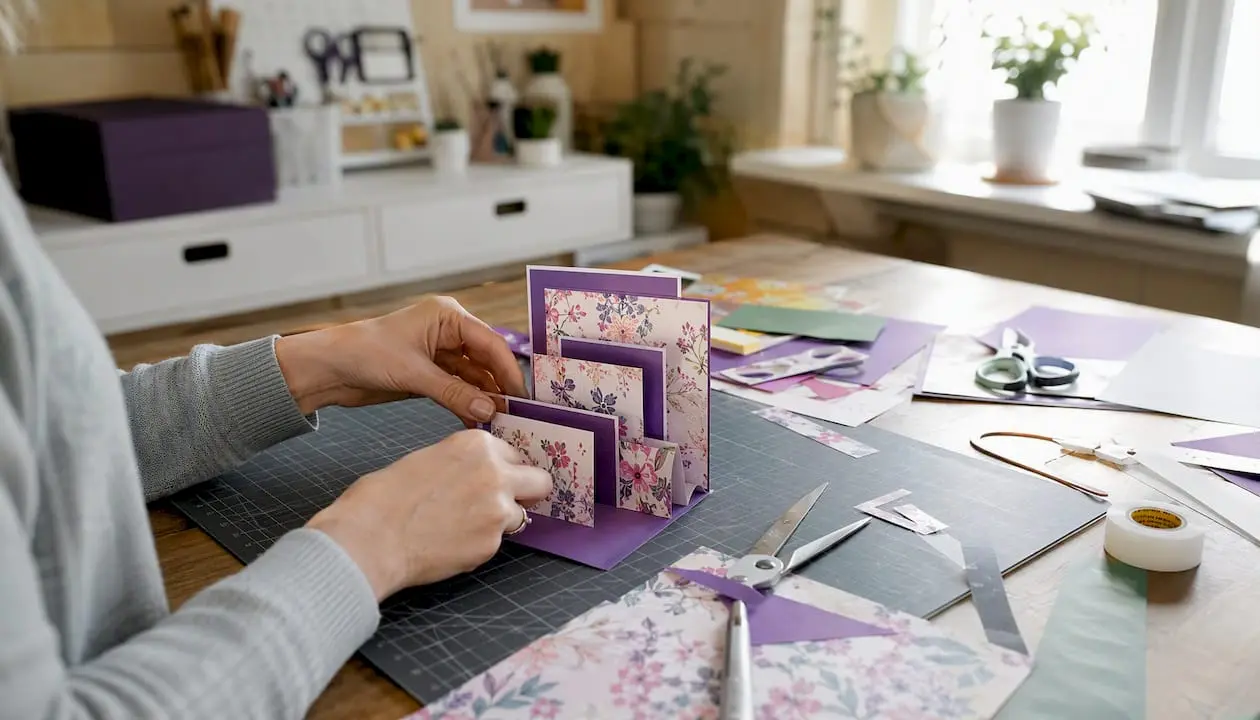 Hands folding a colorful stepper card